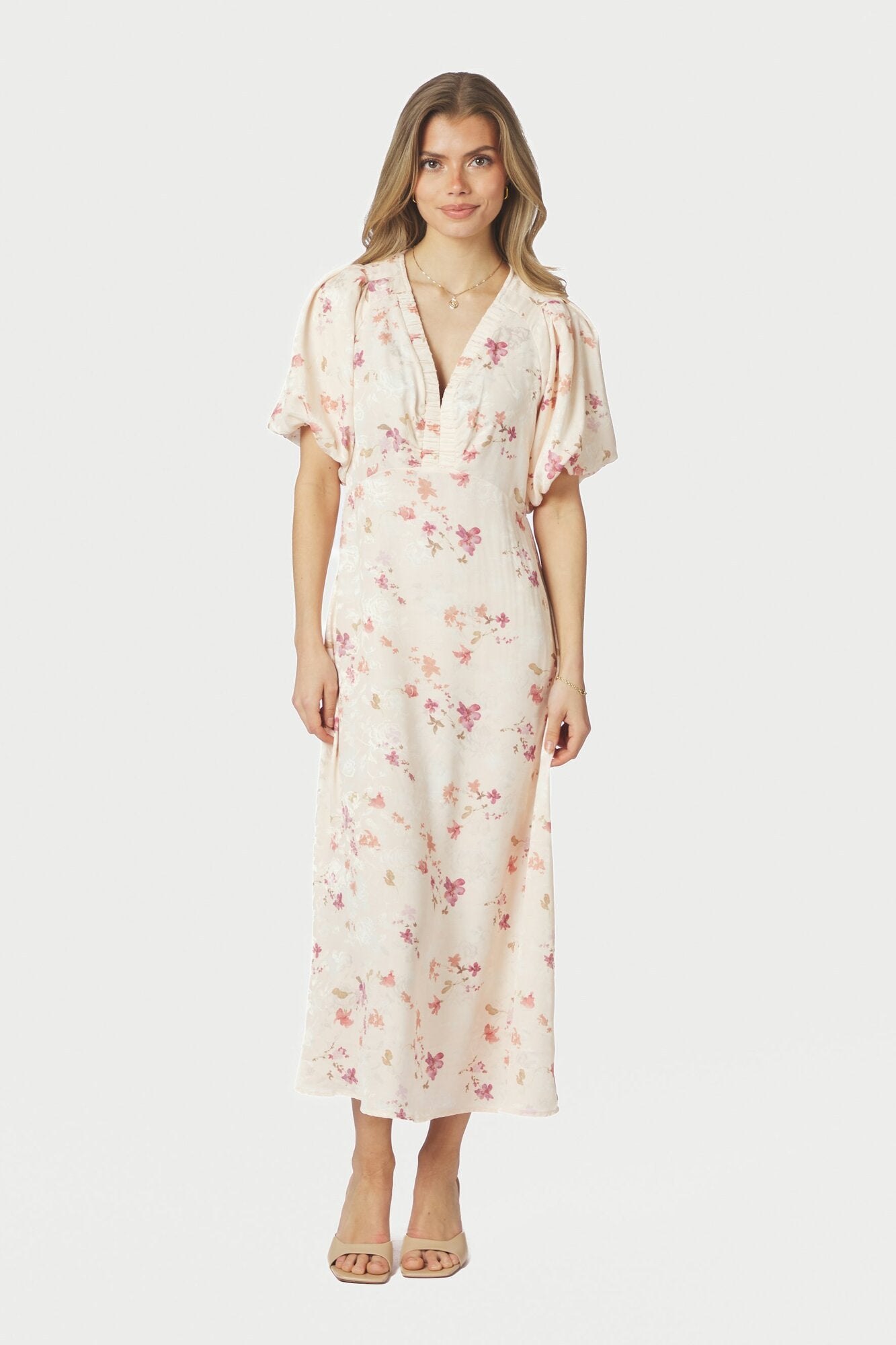 Illana Sateen Print kjole - creme